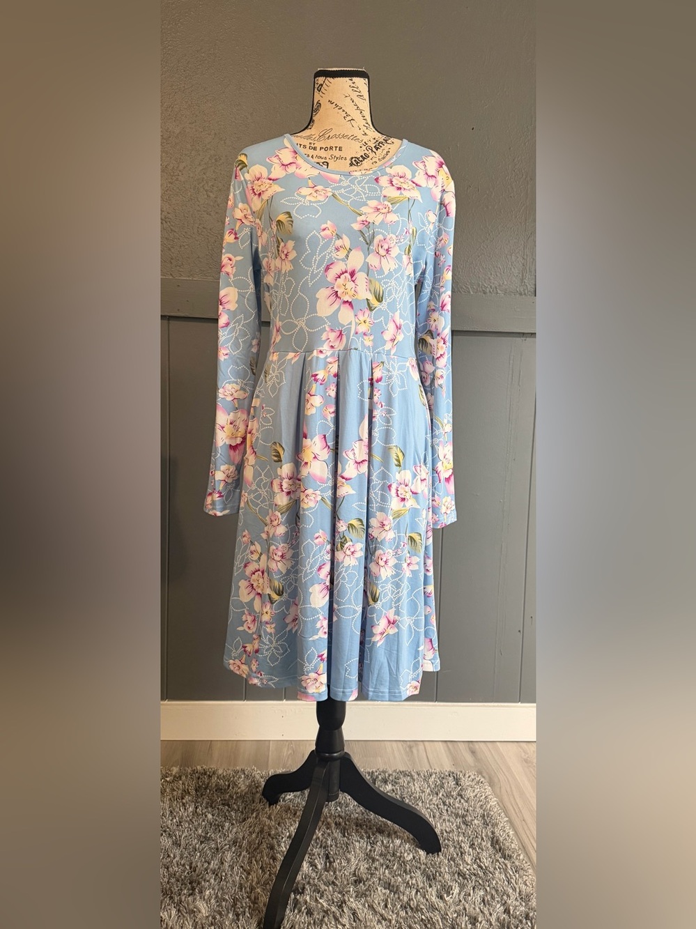 Light Blue Floral Long-Sleeve Fit & Flare Dress